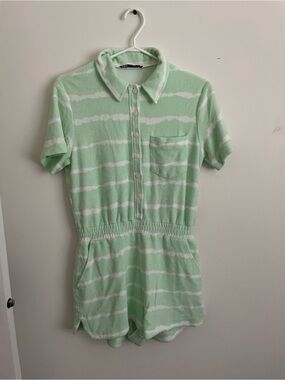 206 Zara Mint Green and White Striped Terry Romper